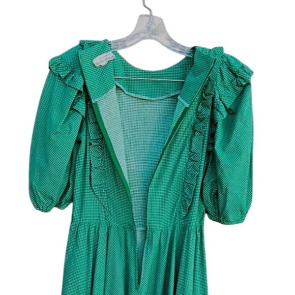 1980s Belle France Kelly Green Prairie Dress Cotton Ruffle Midi Union Label S - Picture 10 of 14